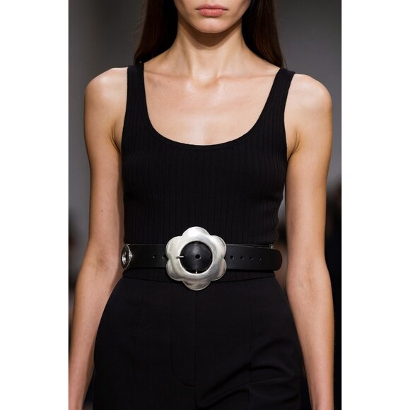 Croute De Cuir Leather Grommet Belt Flower Buckle Black Split Leather Sz 38 Y2K - Picture 1 of 11